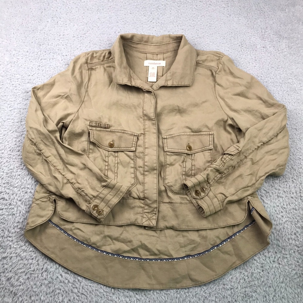 Sundance Off Duty Utility Jacket Womens M Khaki Twill Linen Blend Military Cargo